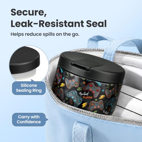 Image of Pawtong 12oz Insulated Vacuum Food Jar with Buckle Lid Wide Mouth Soup Thermo for Hot Food Kids Leakproof Stainless Steel Lunch Container (Black-Game)