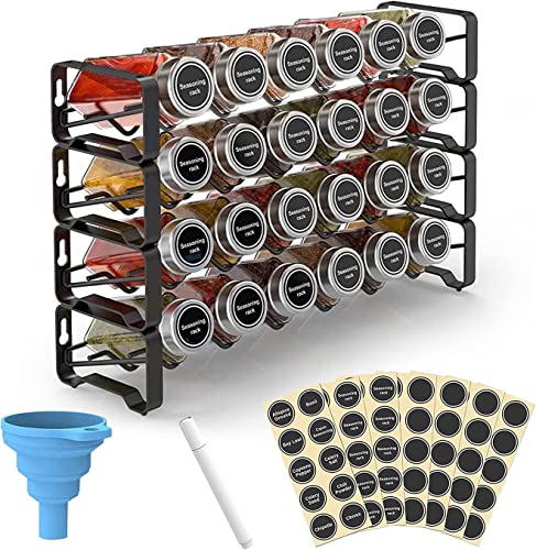 Estante de especias con frascos, 80 etiquetas de especias, juego de marcador de tiza y embudo para gabinete, encimera, despensa, armario o puerta y soporte de pared (4 niveles, negro) Cover
