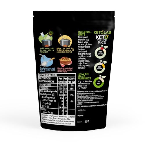 Image of Ketolab Keto Orzo Filini Rice, 100 Gms, 1 Pack, 3.8g Net Carb & 16g High Protein /Serving, Identical to Regular Rice, Ultra Low Carb, Pre-Biotic High Fibre, Low GI, For Keto Diet & Weight Loss
