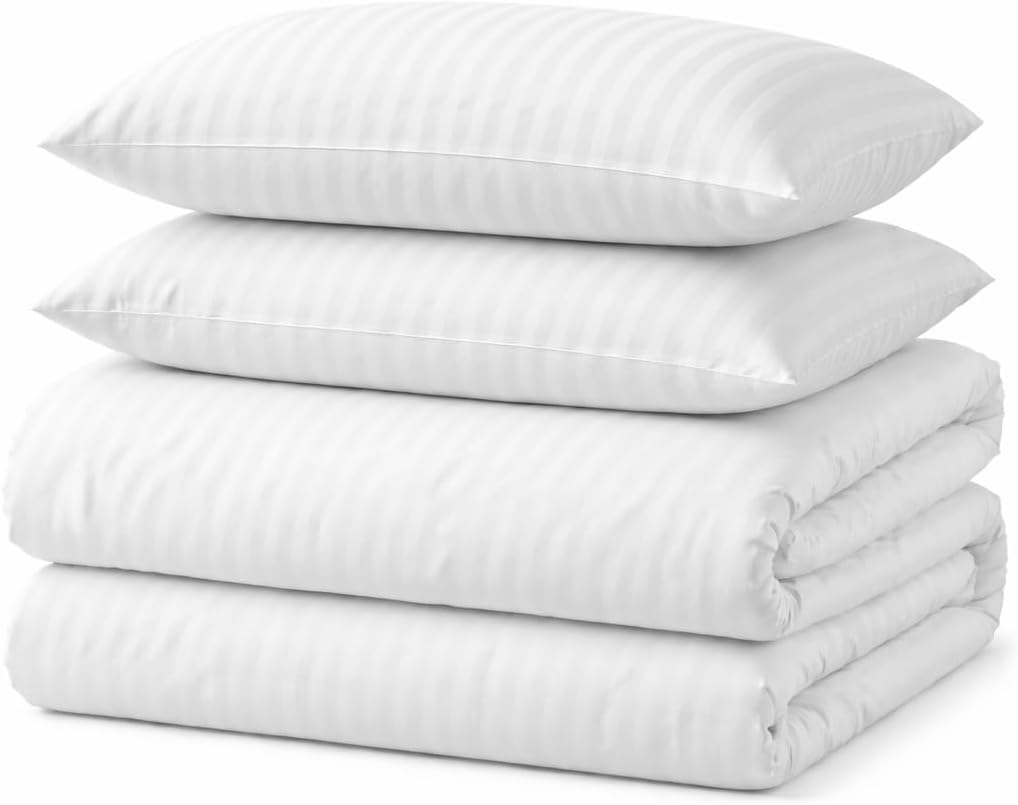 Duvet Cover Set Stripe Microfibre Soft Bedding Set (White, Single)