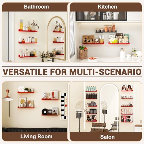 Image of Qukaka Floating Shelves for Wall Decor, 15 inch Wall Shelves for Bedroom, Living Room, Kitchen, Bathroom Decor, Nail Polish /Book /Decoration /Makeup /Perfume Organizer Floating Shelf-3Pack Clear Red