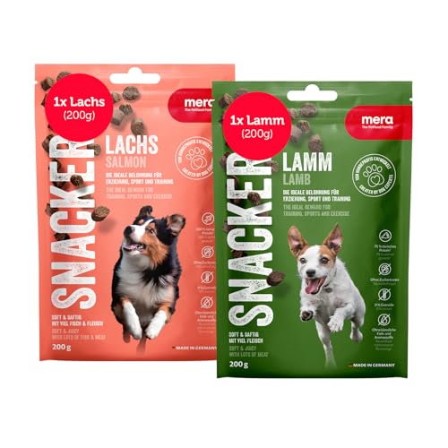 MERA Snacker Lamm & Lachs (je 1 x 200g), weiche Hundeleckerli getreidefrei | Hunde Leckerlis ideal fürs Training oder als Hundesnack | kalorienarme Leckerli Hund | Soft Dog Treats