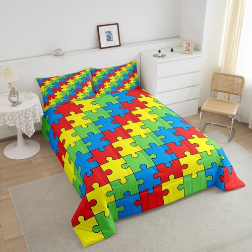 Image of Feelyou Funny Colorful Blocks Kids Bedding Set Boys Girls Abstract Geometric Comforter Set Queen Size Game Pieces Fractal Hobby Duvet Insert Bright Multicolor Room Decor