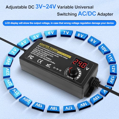 Universal Power Supply 3V~24V 3A 72W DC Power Supply Variable Universal Switching AC/DC Adapter, 100V-240V AC to DC Converter with LED Voltage Display and 14 Tips, Test Lead, Polarity Converter2