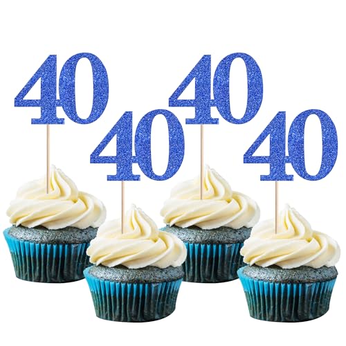 Rsstarxi 36 Pack Number 40 Cupcake Toppers Glitter Cheers to 40 Years Birthday Cupcake Picks Decoration for Happy 40th Birthday Wedding Anniversary Party Cake Decorations Blue