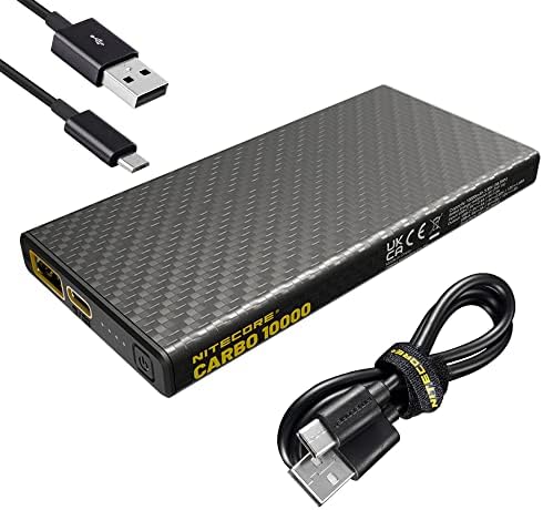 Nitecore Carbo 10000 Power Bank, 10000mAh Carbo Fiber Ultra Slim Lightweight USB & USB-C Dual Ports QC PD Quick Charge with Lumentac Cable for Phones Flashlights and Headlamps