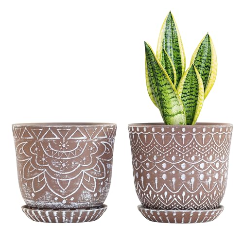 Gepege Ceramic Planter, 6 Inch Plant Pot with Drainage Holes and Saucers for Indoor Plants, Birthday for Women Mom