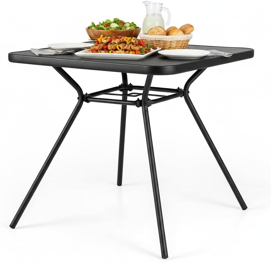 Tangkula 32-Inch Square Patio Dining Table for 4, Outdoor Bistro Table with Umbrella Hole, DPC Tabletop & Heavy-Duty Metal Frame, 4-Person Outside Table for Backyard, Porch, Poolside, Deck