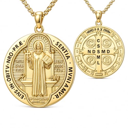 Taioiat St Benedict Necklace for Men 14K Gold Plated Round Saint Benedict Medal Pendant San Benito Medalla Protection Religious Jewelry Gifts for Women