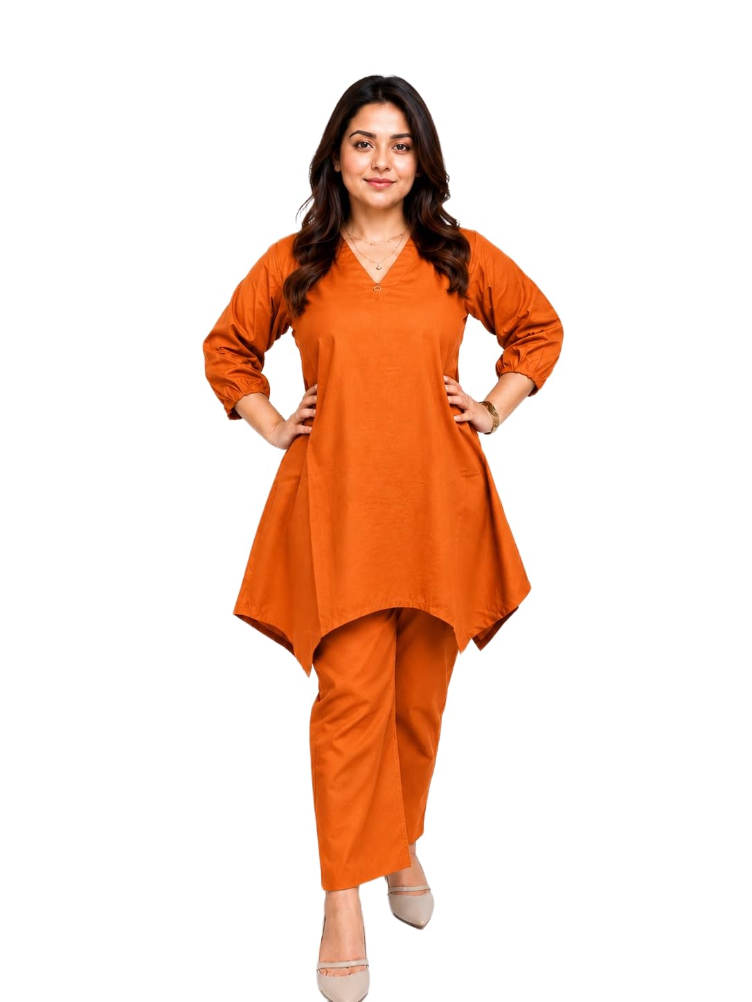 Women's Solid Tunic Pant Set | V-Neck Asymmetrical Kurti with Straight Pants | 3/4 Bishop Sleeves Co-ord Set for Women-image-13
