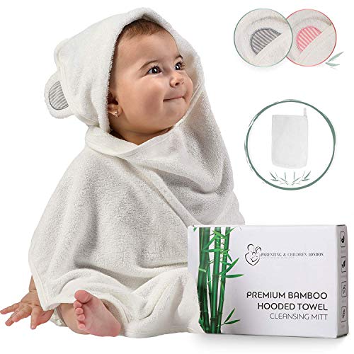Parenting & Children London Organic Bamboo Hooded Baby Towel and Washcloth Set - Softest Unisex Bath Towel for Kids, Infants and Toddlers - Perfect for Girls and Boys (Grey)
