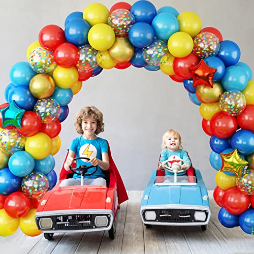 Fiesta Balloon Garland Arch Kit Red Blue Yellow Confetti Latex Colorful Balloons Party Decorations For Kids Baby Shower Birthday Carnival Circus Superhero Gaming, With Balloon Arch Strip Dot Glue #TOP3