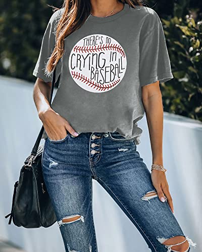 Women's Baseball Mom Graphic Tee - Casual Short Sleeve T-Shirt, Gray (Medium) #TOP2