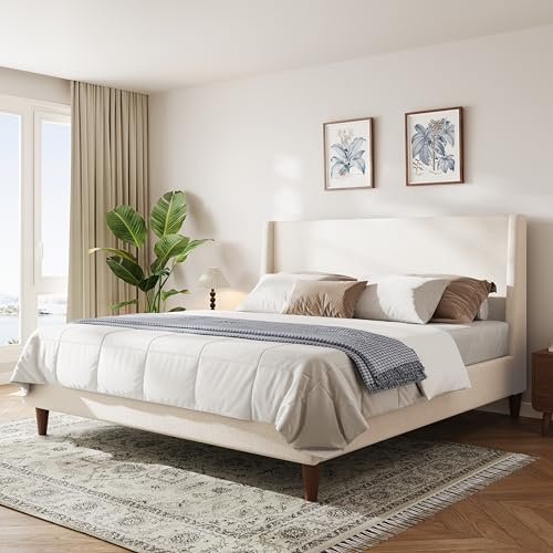 Image of Merax Solid Wood King Size Boucle Bed Frame with Wingback Headboard, Modern Upholstered Platform with Walnut Wooden Legs, Strong Wooden Slats, No Box Spring Needed, Easy Assembly, Noise-Free, Ivory