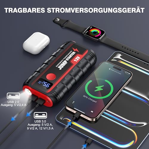 Ginarelo Jump Starter Power Pack Booster - Portable 12V Car Battery Jumpstart Bank Motorcycle Jumper Start with Leads LCD Screen LED Engine Up To 6.0L Gas or 5.5L Diesel - Image 3