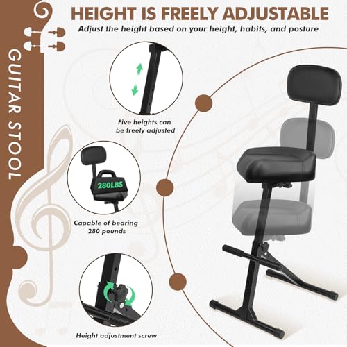 Image of Saddle Guitar Stool with Back Support and Guitar Hanger, Height Adjustable Saddle Seat, Musician Stool Guitarist Throne Guitar Chair, Black