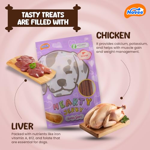 Image of Novee Hearty Jerky Mini Liver Flavour Dog Treats, High Protein, Nutrient-Rich Soft Bites for Training, Daily Reward & Digestive Support in All Breeds,100g