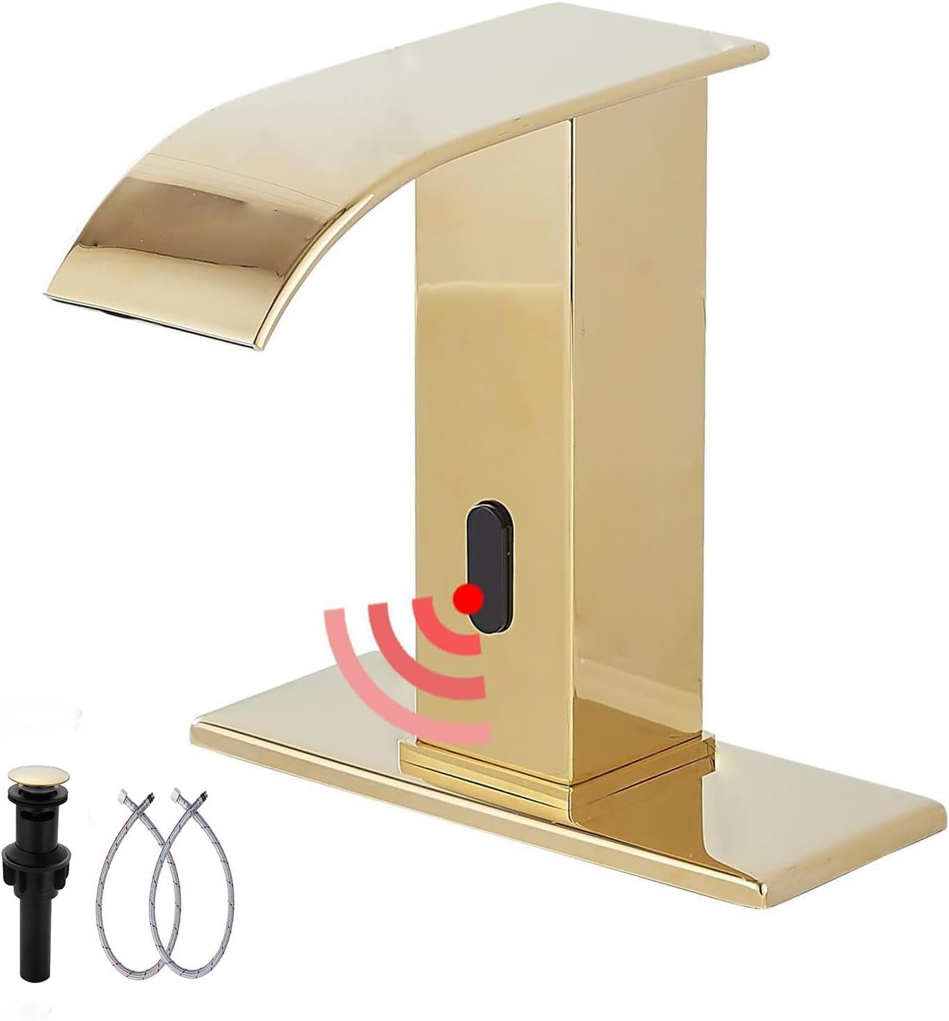 GGStudy Automatic Sensor Polished Gold Touchless Bathroom Sink Faucet with Drain Assembly Vanity Faucets Hands Free Waterfall Bathroom Water Tap with Control Box and Temperature Mixer