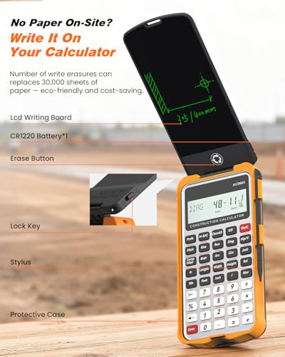 Image of Construction Calculator with Writing Tablet Industrial & Scientific ROATEE Engineering Calculator for Contractor, Concrete Pocket Feet-inch-Fraction Tools for Carpenters, Framer, Remodeler, Silver