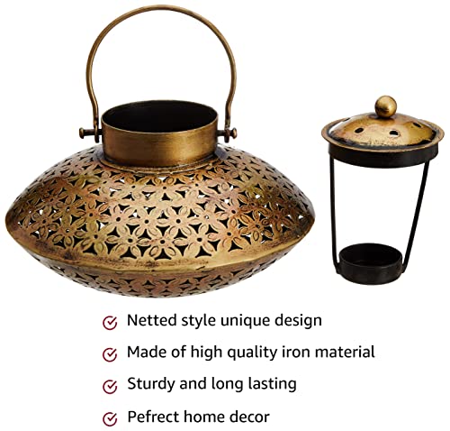 Image of Amazon Brand - Solimo Iron Degchi Doop Stand & Tealight Candle Holder for Home Decor (Netted Style), Gold
