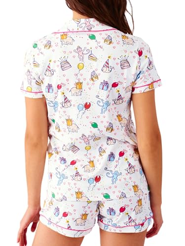 Image of Womens Y2k Preppy Pajamas Set, 2 Piece Button Down Monkey Beach Shorts Set Holiday Vacation Loungewear Pjs for Jammies Back to School Party Birthday Gifts(Birthday, X-Small)