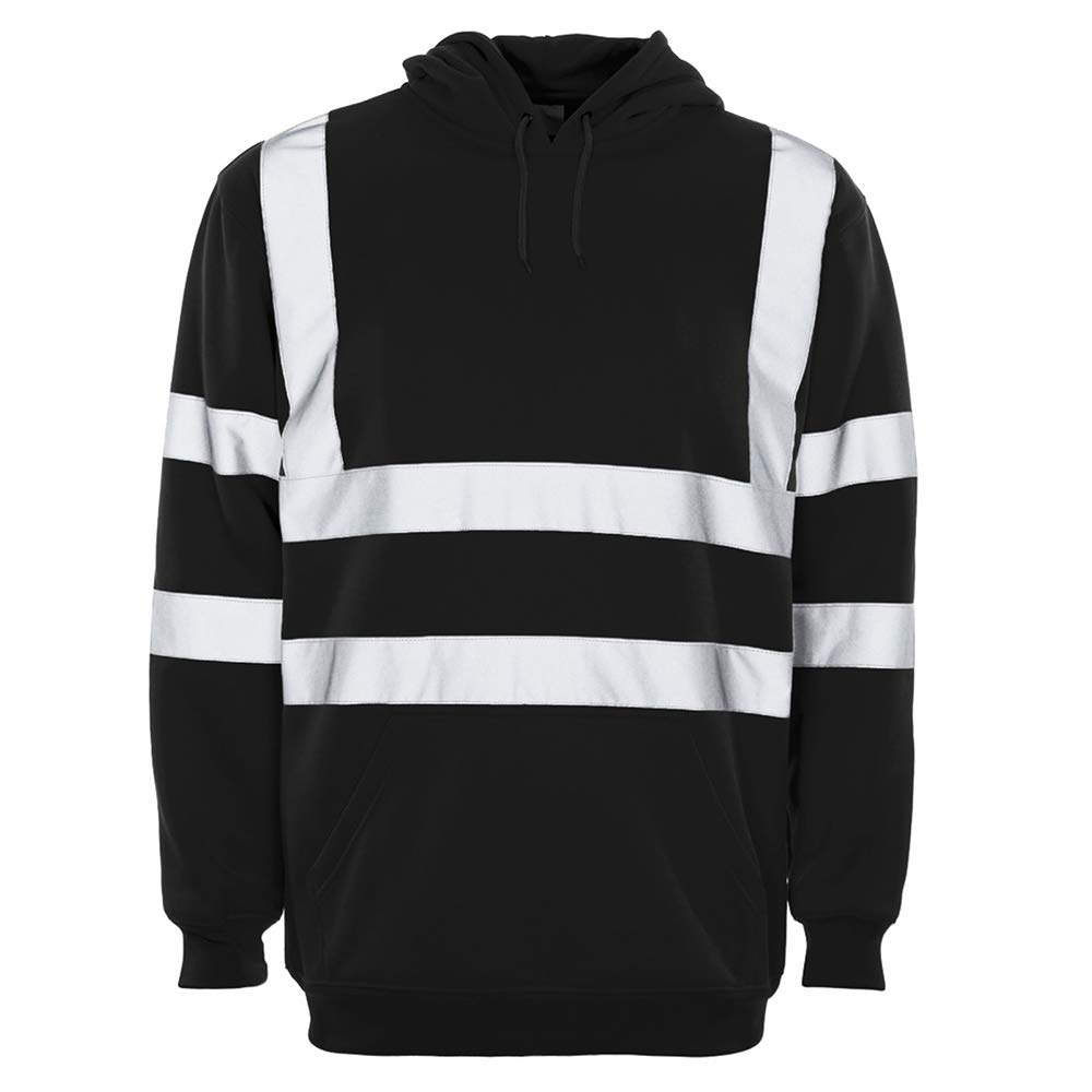 AK Garments Hi Vis Zip Hooded Sweatshirt High Visibility Reflective Tape Band Work Fleece Safety Hoodie Sweat Shirts Jacket Warm Security Workwear Work Wear Jumper Tops (XXL, Pullover Hoodie - Black)