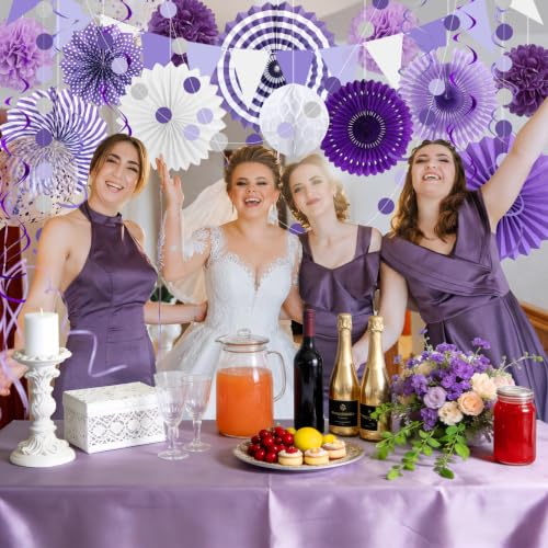 Image of 24 Pcs Purple Birthday Decorations Kit, Paper Fans Pom Poms Banner 8-16 in