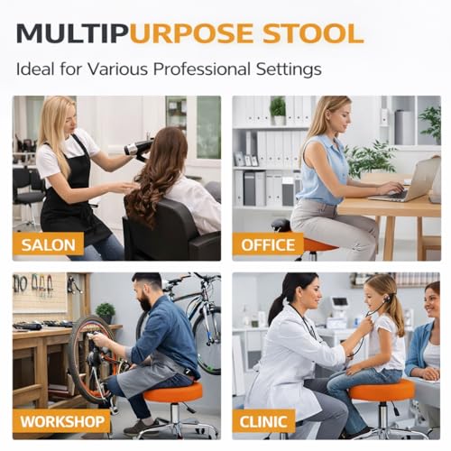 Image of NGFC Chrome Base Adjustable Swivel Stool | 15-Inch Cushioned Seat - Orange | Height Adjustable with 360 Swivel | Smooth Casters | Stylish & Durable Stool for Home, Office, Salon, Clinic, or Bar Use
