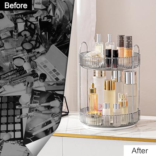 Image of 360 Rotating Makeup Organizer for Dressing Table, Cosmetic & Skincare Organizer Shelf with Drawers, Perfume & Lipstick Holder Stand, Beauty Vanity Organiser Box (Pearl Grey, 2 Layer)
