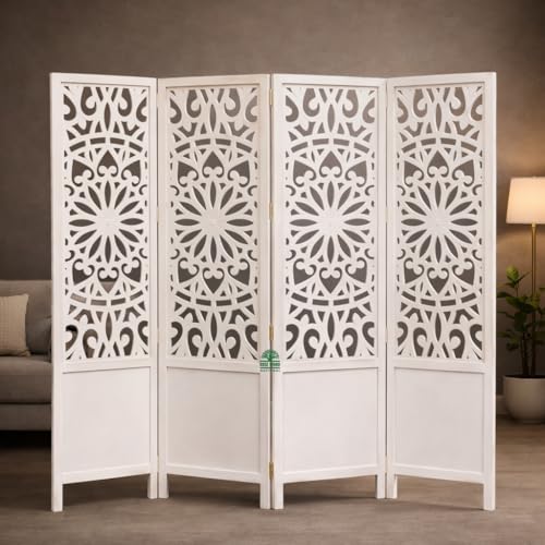 Image of Wooden Room Divider 6 Feet, 4-Panel Folding Wooden Partition for Living Room, Office, Pooja Room, Restaurant, Kitchen & Balcony (2W x 1.82H Meters). (Milky White)