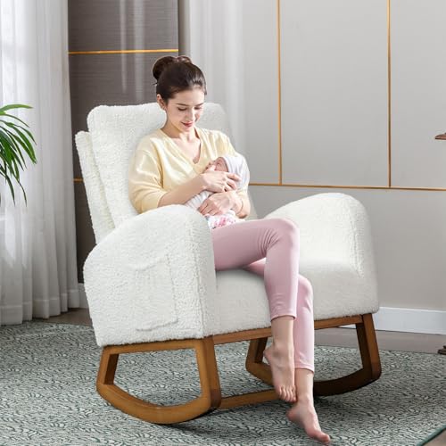 Image of MOONMISS Rocking Chair, Glider Chair with Rubber Pad & Side Pocket, Armchair with Solid Wood Strusture for Living Room, Nursery, Bedroom, Breastfeeding(Cream Color)