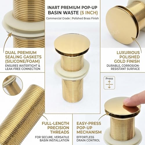 Image of InArt Pop-up Brass Basin Drainer /Waste Coupling /Waste Kit for Bathroom Wash Basin /Vessel Sink 5 Inch Brass Full Threaded Pop Up Waste Coupling 32 MM (Gold)
