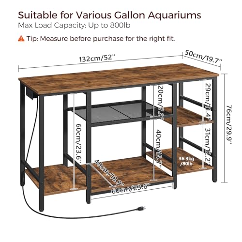MAHANCRIS 55-75 Gallon Fish Tank Stand with Power Outlet, 3-Tier Metal Frame Aquarium Stand, Heavy Duty Reptile Terrarium Tank Stand, 52.0\"L x 19.7\"W x 29.9\"H, 800 LBS Capacity, Rustic Brown FTHR55E01