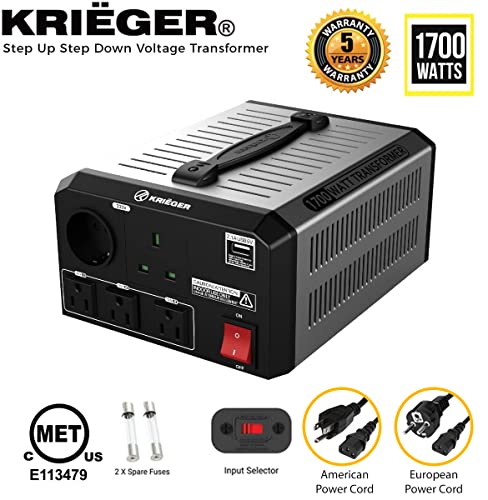 Image of Krieger 1700 Watt Voltage Transformer, 110 /120V to 220 /240V Step Up Step Down Voltage Converter with AC Outlets, MET Approved Under UL, CSA