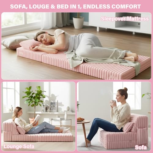 Image of Tiita Folding Sofa Bed - 4-Fold Convertible Sleeper Chair with Corduroy Cover and Rectangular Pillow, Floor Sofa Mattress for Adults, Single Size, Pink