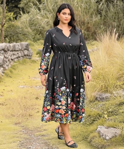 Image of TIYOMI Womens Plus Size Dresses Fall Long Sleeve Maxi Dresses V Neck Floral Spring Party Dress with Pockets XL-5XL (14W-28W)