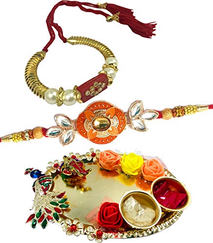 Evisha Kundan Studded Gold Plated Meenakari Rakhi and Lumba Chuda with Ganesha Puja Thali Combo Set for Men and Women (Yellow) - 2 Pieces || rakhi || rakhi set || rakhi combo (B07VF1L24W) Amazon Price History, Amazon Price Tracker