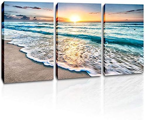 Sunset Canvas Wall Art Sea Wave Picture Prints on Canvas Stretched and Framed Ocean Beach Poster Painting Seascape Artwork for Living Room Bedroom Walls Decor 3 Pcs/Set