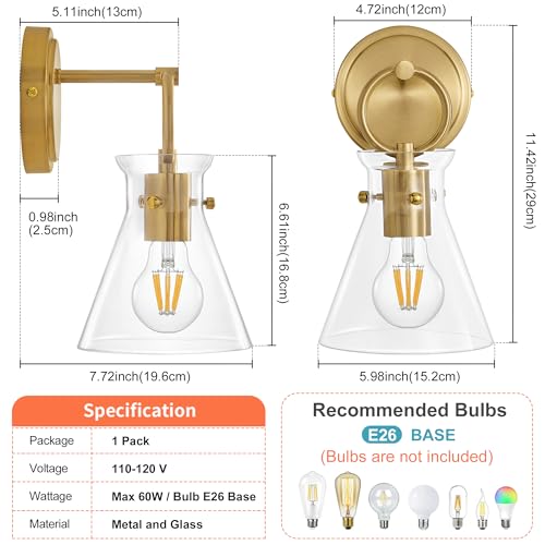 Image of Gold Wall Sconce 1-Light Farmhouse Vanity Light Fixtures | Hardwired Modern Wall Lights 6'' Clear Glass Shade for Bathroom, Living Room, Mirror, Kitchen