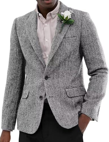Men's Herringbone Tweed Blazer Two Buttons Lightweight Casual Jacket Prom Suit Jacket