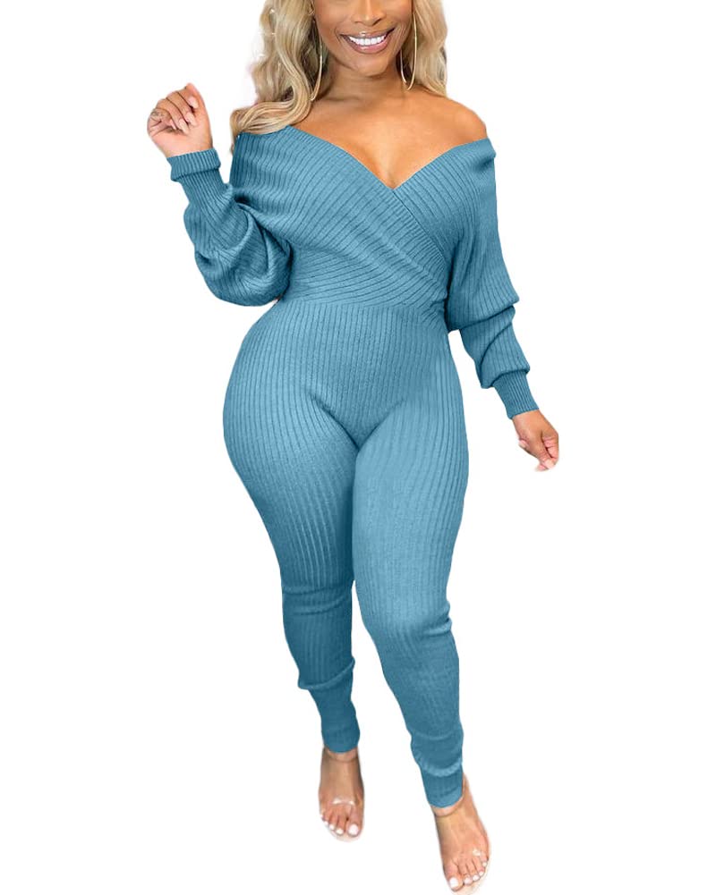 OphestinWomens Sexy V Neck Solid Color Long Sleeve Ribbed Knit Bodycon Jumpsuit