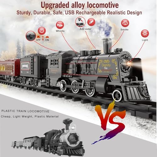 Image of Electric Train Sets for Kids Metal Alloy Christmas Train Toys Steam Locomotive, Glowing Passenger Carriages, Luxury Tracks, Light & Sounds Rechargeable Birthday Gifts for Boys Girls Red 