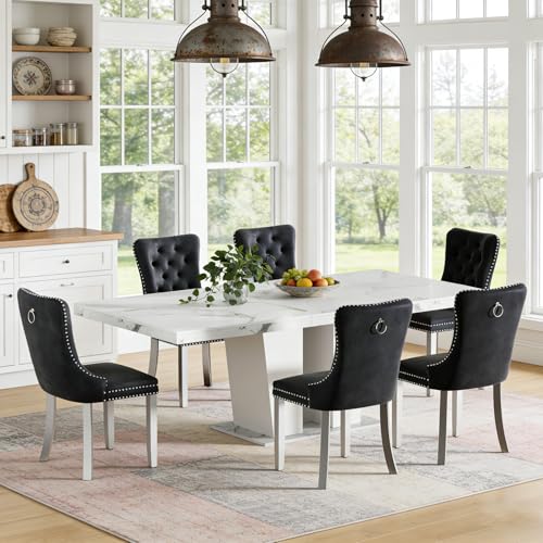 Image of Faux Marble Extendable Dining Table Set for 6 | 63-78.74 inch Expandable Kitchen Table, Faux Marble Finish, 6 Black Velvet Tufted Chairs, Dinner Party Family Gathering Apartment