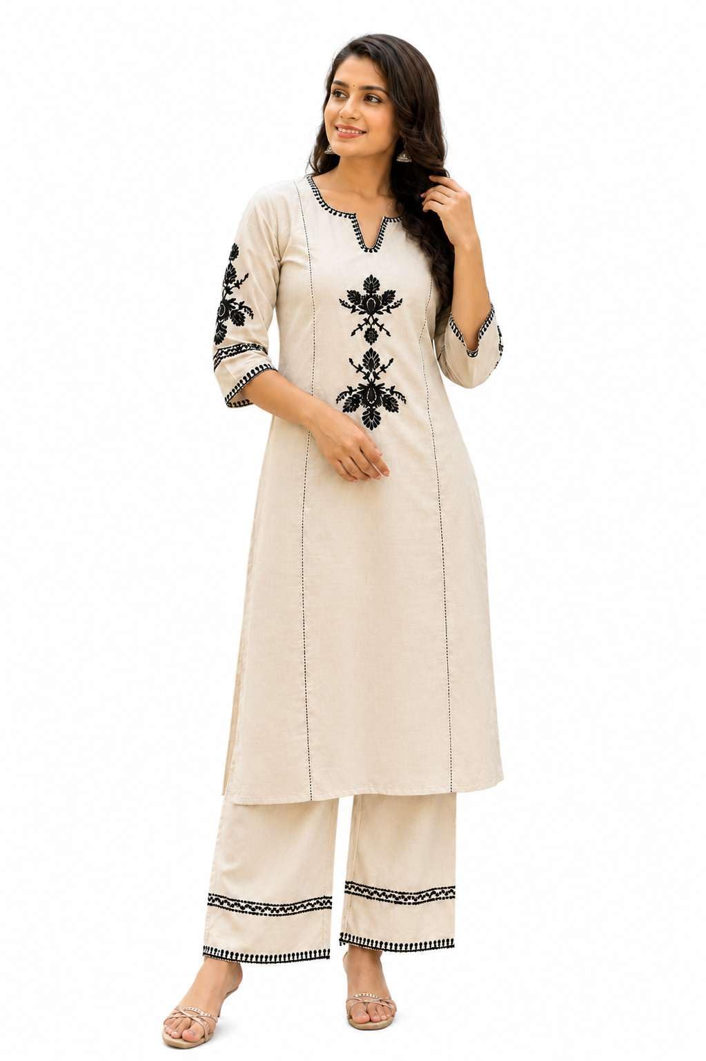 HRX Women's Cotton Embroidered Straight Kurti with Relaxed fit Pant in neutral