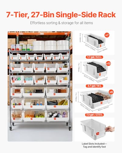 Image of VEVOR 7-Tier Rolling Bin Storage Rack, 26 Organizer Bins, Bin Rack Storage Steel Wire Shelving System with Wheels, Mobile Tool Organizer for Garage, Warehouse, Office, Restaurant, Kitchen, Classroom