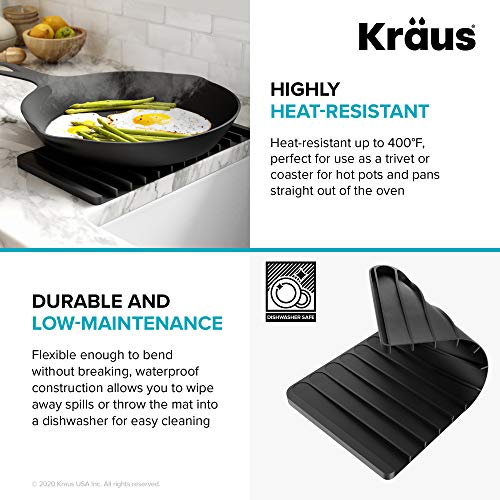 Image of Kraus KDM-10BL Kore Self-Draining Silicone Dish Drying Mat or Trivet for Kitchen Counter, Black