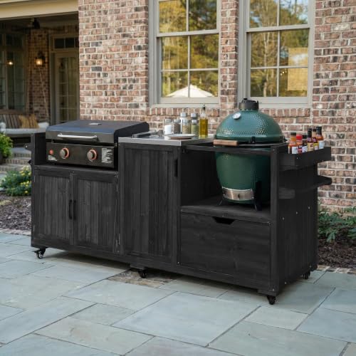 Image of Merax 80.5 inch Outdoor Kitchen Island for Big Green Egg& Blackstone Griddle, Solid Wood Grill Cart Table with Stainless Steel Top, Drawer for Large Big Green Egg and 21 inch /28 inch Blackstone Griddle, Black