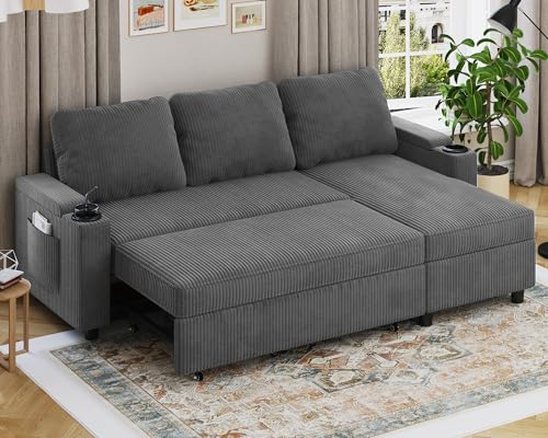 Devoko Ecksofa mit Schlaffunktion und Bettkasten L-Form Sofa 3-Sitzer Ausziehbares Schlafsofa Leinen Couch Kleines Schlafcouch für Wohnung und Wohnzimmer, Grau