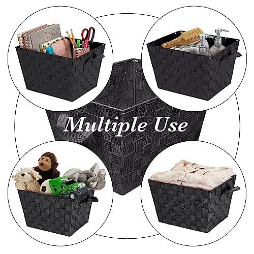 Image of Simplify Medium Woven Strap Tote | Decorative Storage Basket | 2 Handles | Organization | Closet | Bedroom | Bathroom | Nursery | Accessories | Toys | Gifts | 4 Pack | Black