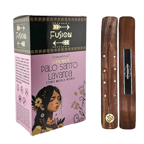 Aromasenses | Caja Completa con 12 Cajetillas de Incienso Golden Fusion Palo Santo y Lavanda 15 Gramos + 1 Tablilla Aromasenses | Incienso Etnico 100% Natural | Limpiador de Energias